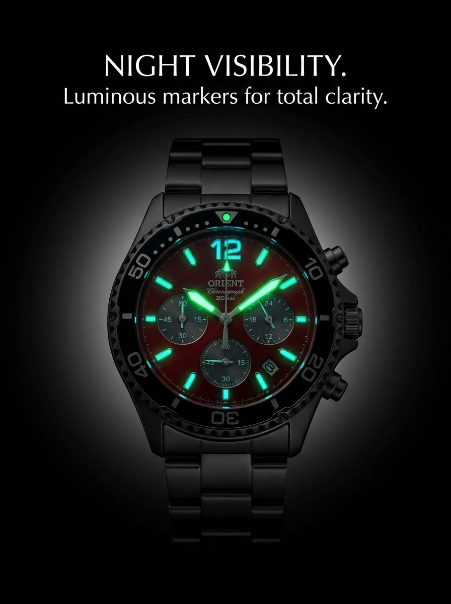 Relógio masculino cronógrafo solar diver em aço inox a prova de agua 200mm