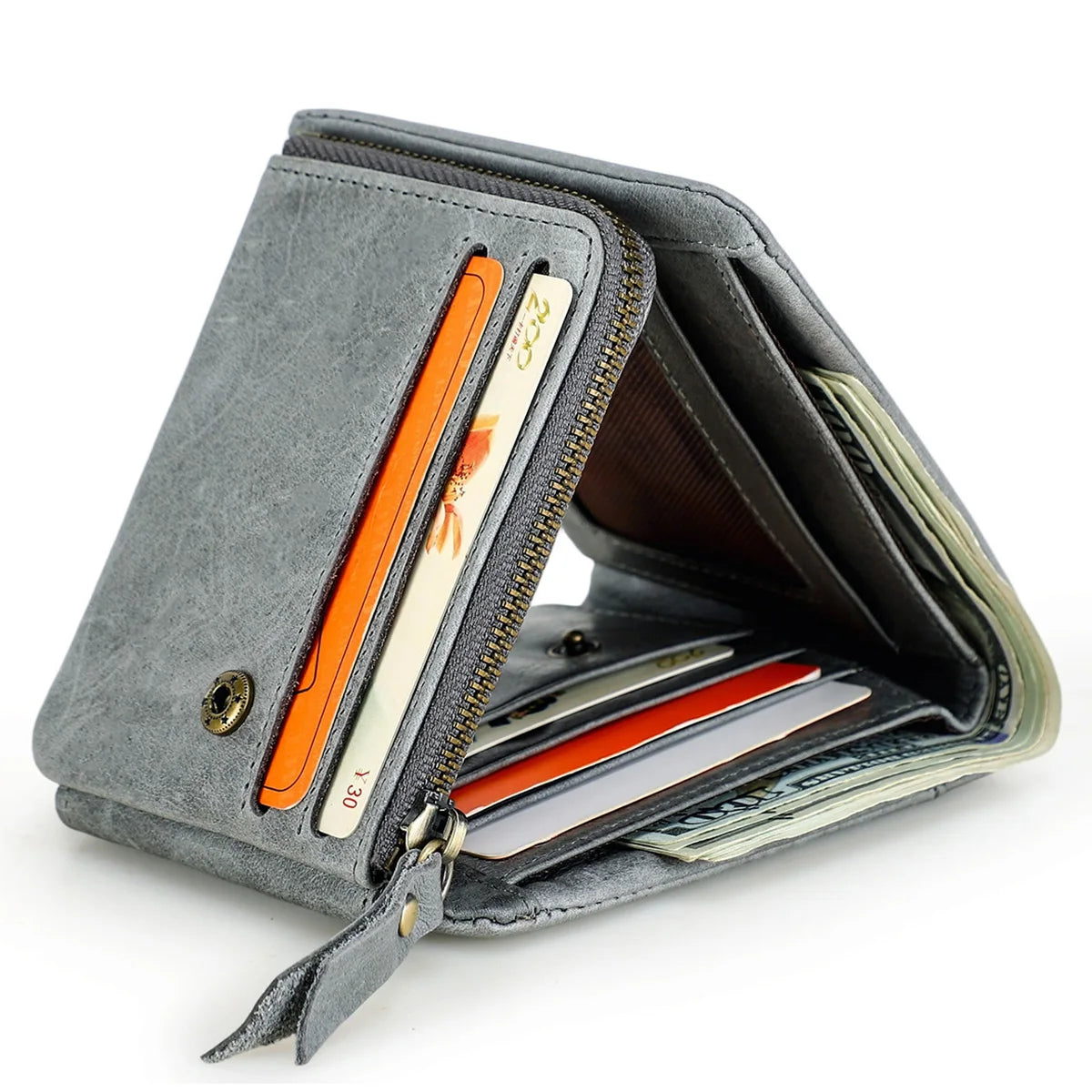 CONTACT'S Genuine Crazy Horse Leather Men Wallets Vintage Trifold Wallet Zip Coin Pocket Purse Cowhide Leather Wallet For Mens