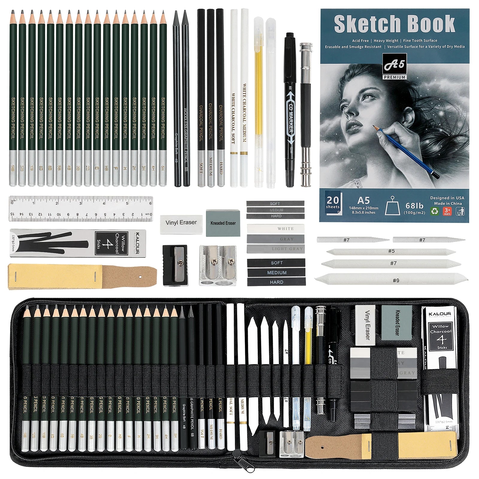 20/54/58/70/144 Drawing And Sketching Kit | Portable Travel Case | Graphite, Charcoal, White Color | Featuring Blending Stump