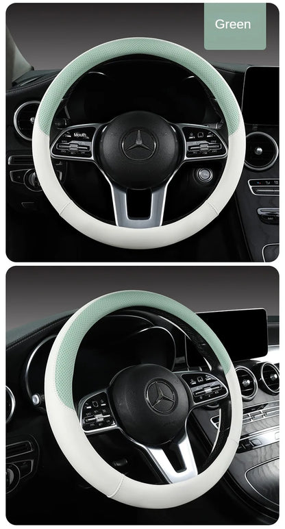 Perforated Nappa Leather Car Steering Wheel Cover Warm in Winter and Cool in Summer, Universal 15 Inch,  Anti-Slip, Odorless
