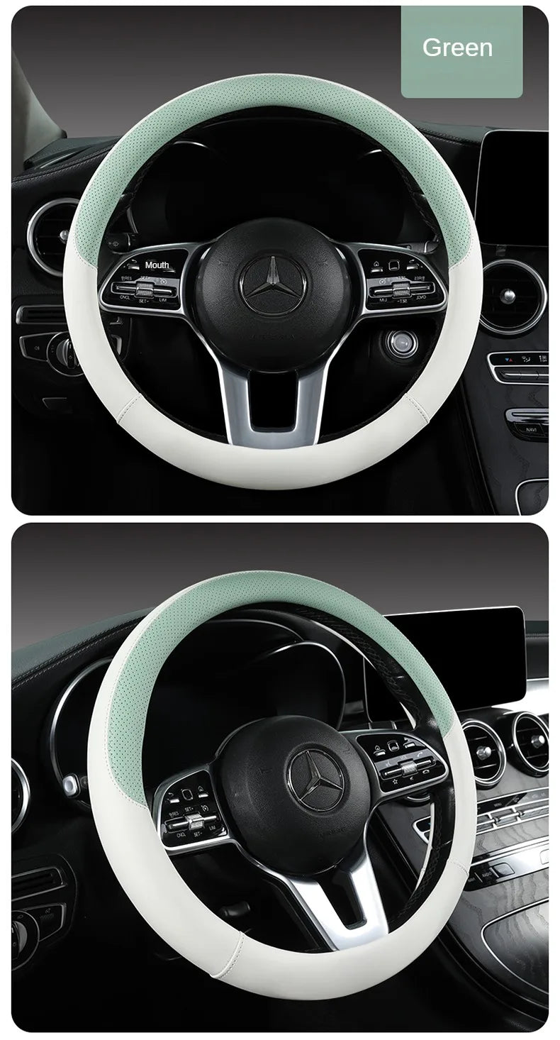 Perforated Nappa Leather Car Steering Wheel Cover Warm in Winter and Cool in Summer, Universal 15 Inch,  Anti-Slip, Odorless