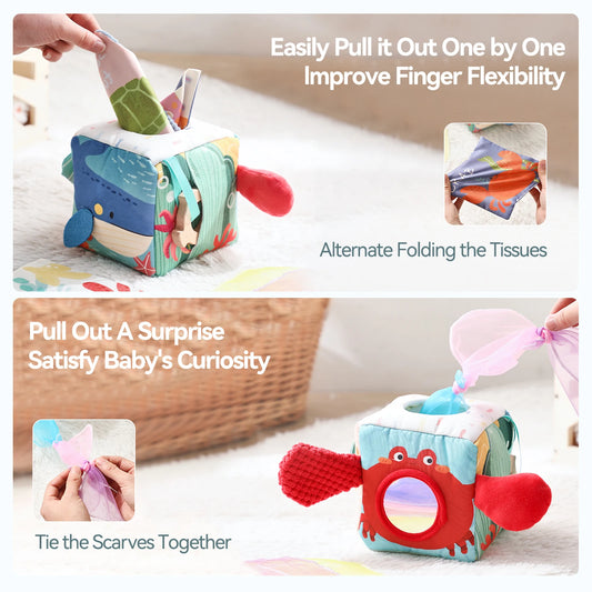 Baby Toys Magic Tissue Box Cotton Finger Exercising Montessori Busy Board Game Educational Toy Soft Rattle Game Ocean Cloth Book