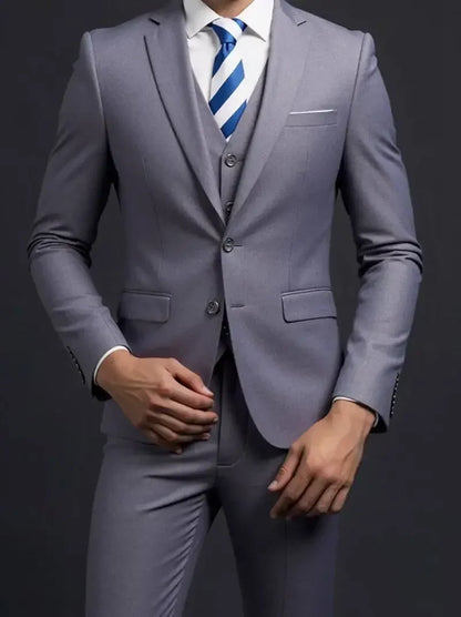 Suit (Blazer+ Vest + Trousers) Men's Fashionable Gentleman Business British Style Solid-color Banquet Host Casual Wedding Suit