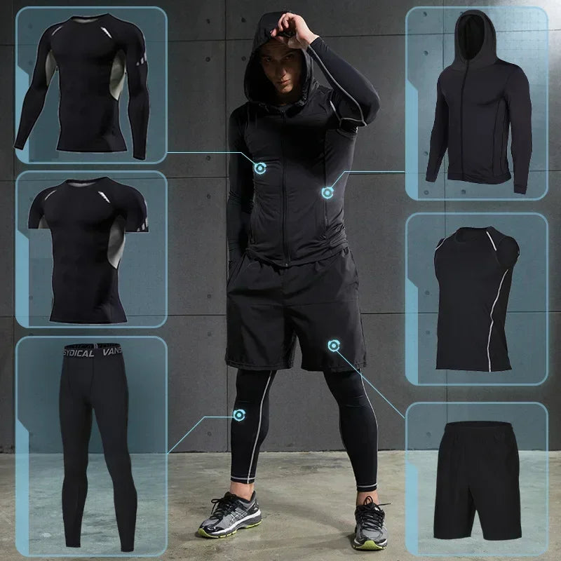 Conjunto de ropa deportiva de compresión Rashguard para hombre, mallas para correr, gimnasio, entrenamiento, camiseta, cortavientos y leggings 
