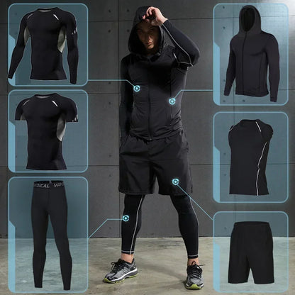 Conjunto de ropa deportiva de compresión Rashguard para hombre, mallas para correr, gimnasio, entrenamiento, camiseta, cortavientos y leggings 
