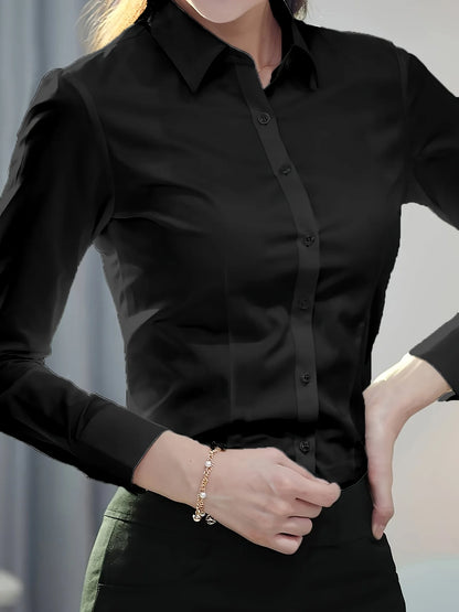 Elegant All-Season Solid Shirt Slim Button Tops Fashion White Shirt Turn-down Collar Women's Long Sleeve Blouse
