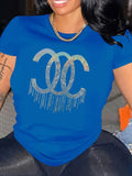 Camiseta de manga curta de lantejoulas feminina, gola O, camiseta solta elástica, plus size, tops grandes, Lady, primavera, verão, moda, 2024