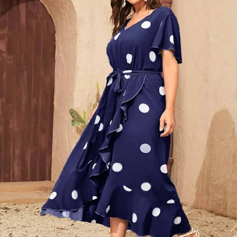 Plus size Novo vestido minimalista de bolinhas com vestido estampado de cintura elástica