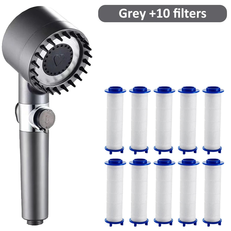 Cabezal de ducha de alta presión con 4 modos de ducha ajustables y filtros de cepillo de masaje, accesorios de baño para ahorrar agua.