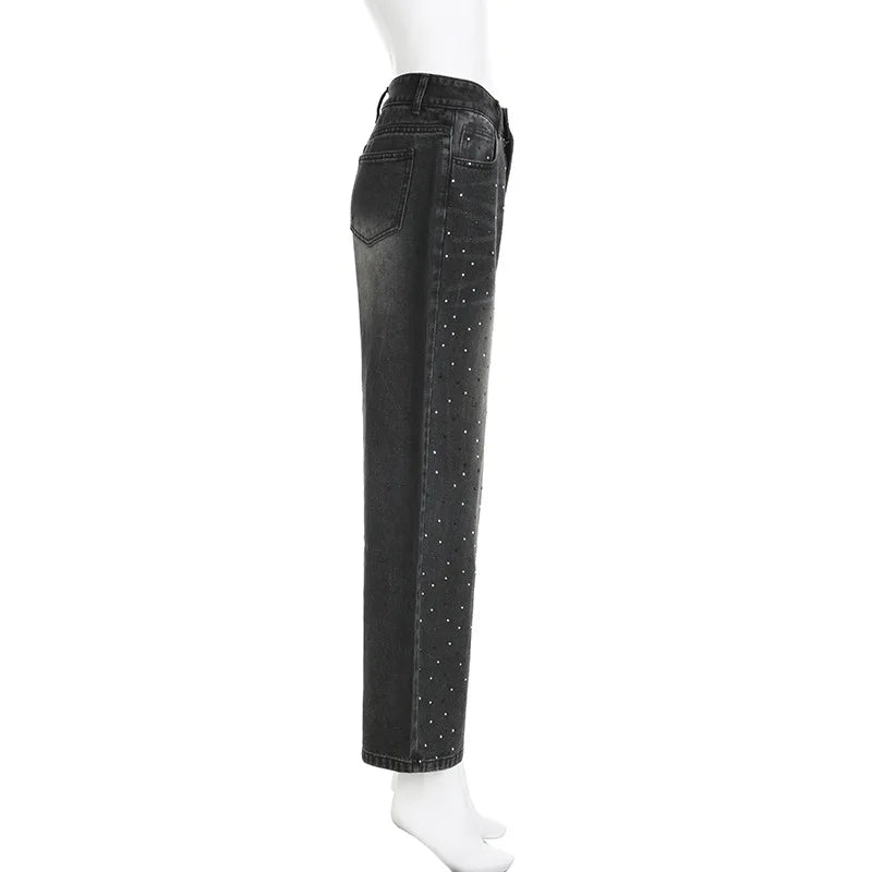 BKQU - Pantalones vaqueros rectos y holgados para mujer, cintura alta, pierna ancha, con diamantes de imitación, largos, moda urbana 2021, pantalones brillantes con diamantes