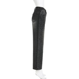 BKQU - Pantalones vaqueros rectos y holgados para mujer, cintura alta, pierna ancha, con diamantes de imitación, largos, moda urbana 2021, pantalones brillantes con diamantes