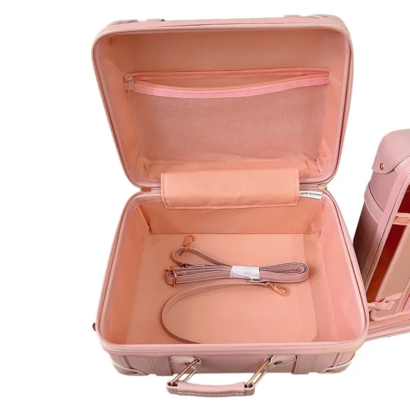 Vintage Leather Women Luggage Set 20in Carry-On + 24/26in Checked Suitcase Luxury Travel Trolley Case with Pink Handbag