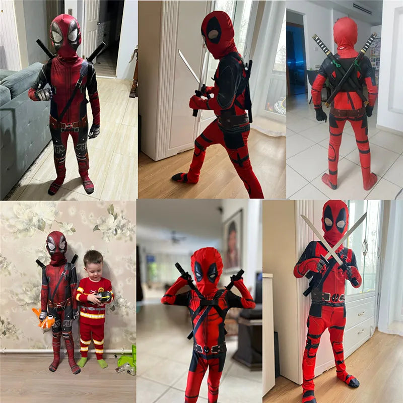 Superhero Deadpool Costume Halloween Cosplay Jumpsuit Boys Fantasy Movie Character Mask Tights with Sword and Bag Holiday Set