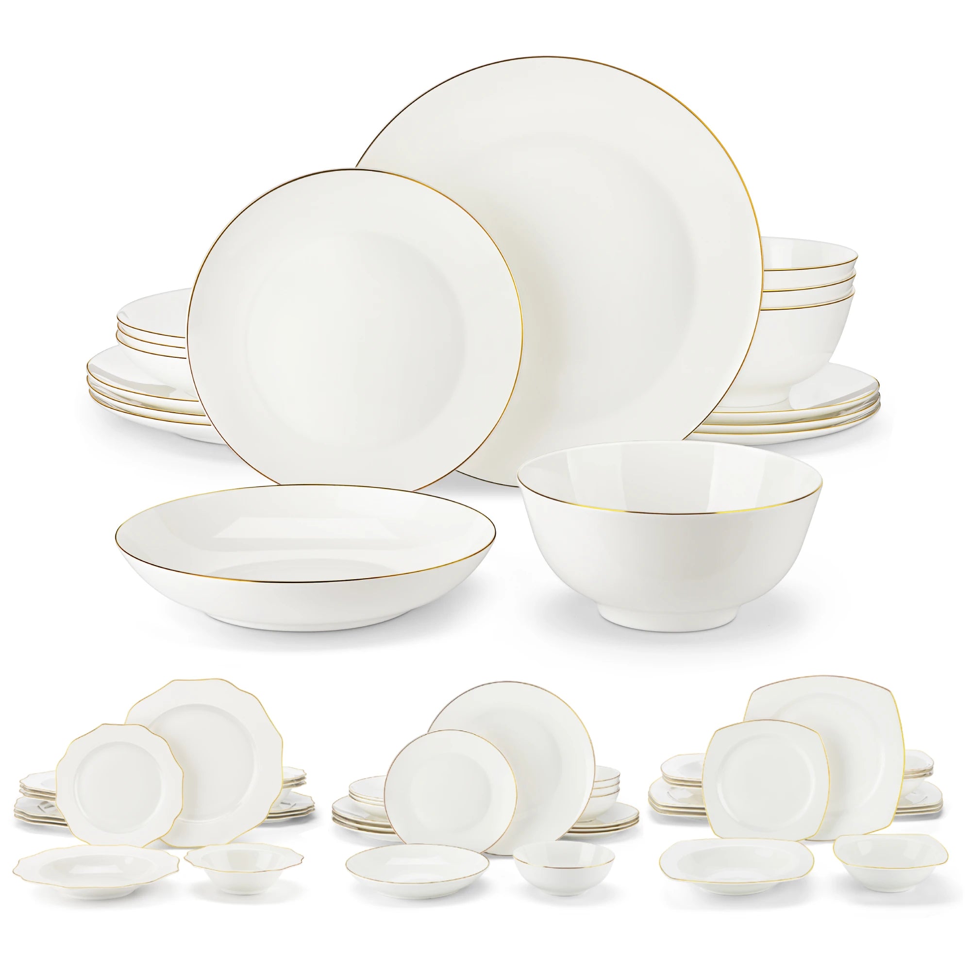 MALACASA Nori 16/32-Piece Nordic European White Bone China Tableware Set with Bowl, Dinner, Dessert, & Soup Plate Set for 4/8 people