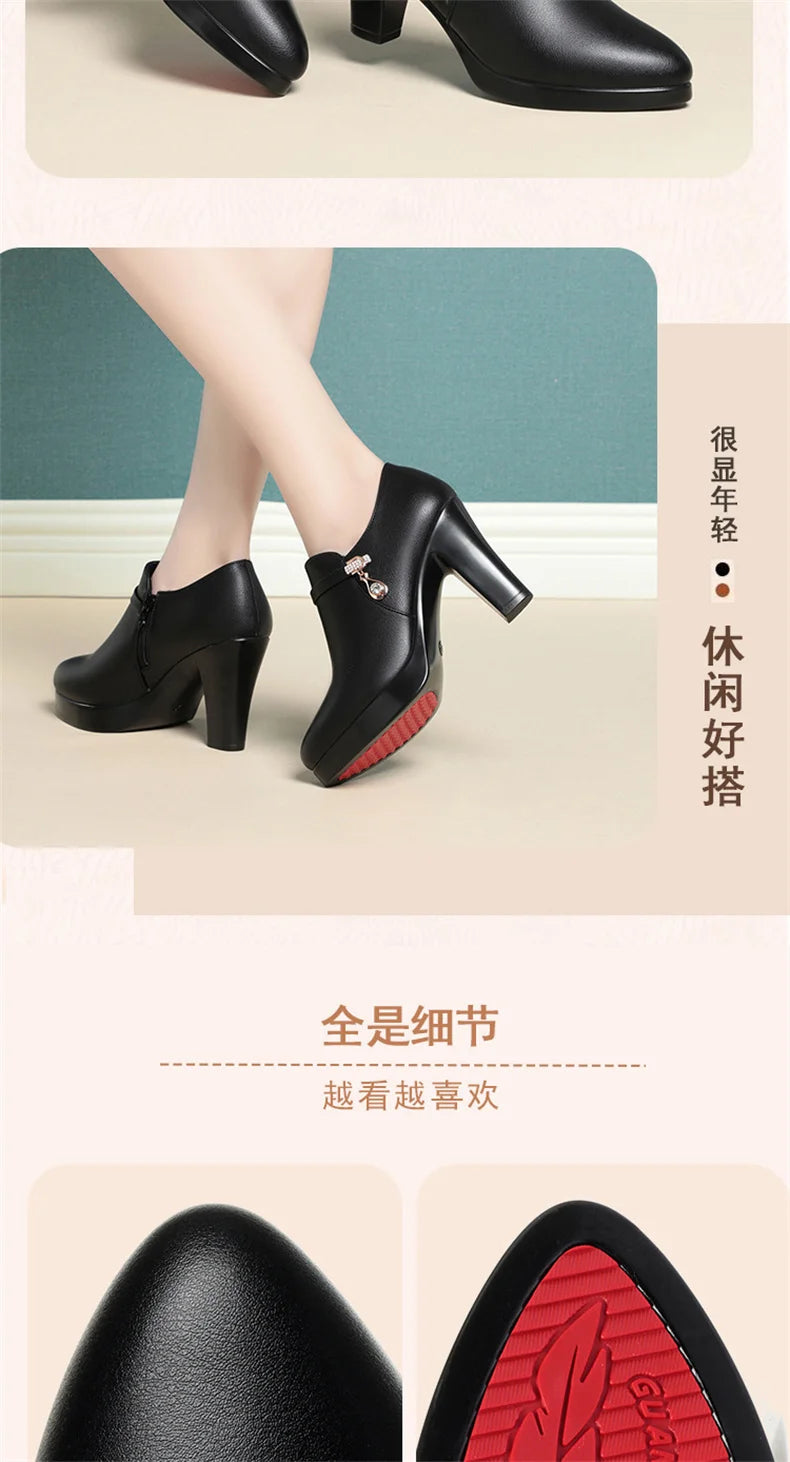 Comfortable Fashion Deep Mouth Soft Leather Women's Platform Shoes 2024 Fall Med Block Heels Single Shoes for Office Mom