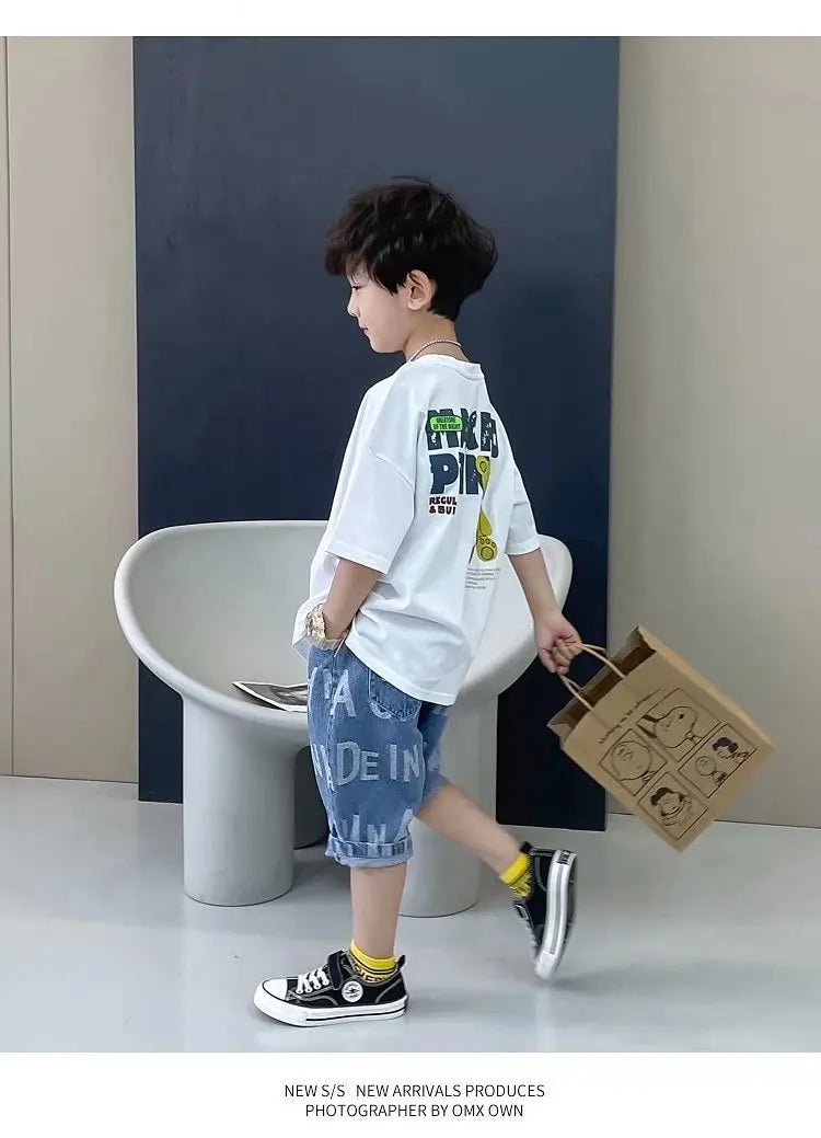 Camiseta de manga corta de verano para niños, Top de cuello redondo para niños pequeños y medianos, moda informal versátil de media manga