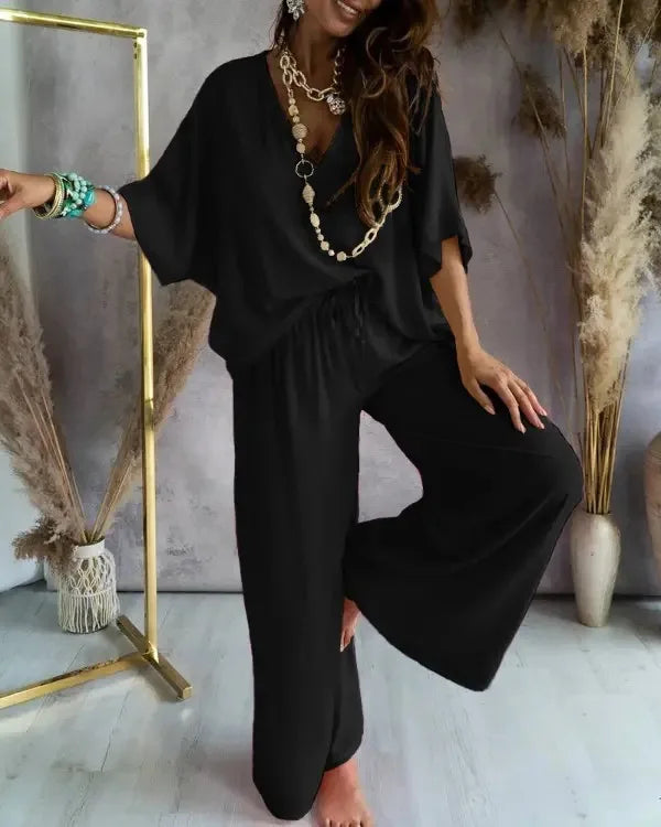 Women's Summer Trousers Suit V-neck Batwing Sleeve Casual Top Lace-up Trousers Loose Solid Color Two-piece Set