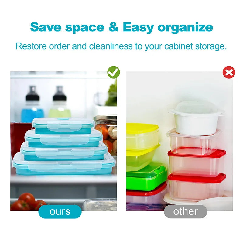 Collapsible Silicone Food Storage Container,Bento Lunch Boxes For Kitchen, Microwave Safe. Foldable Design Saves Your Space.
