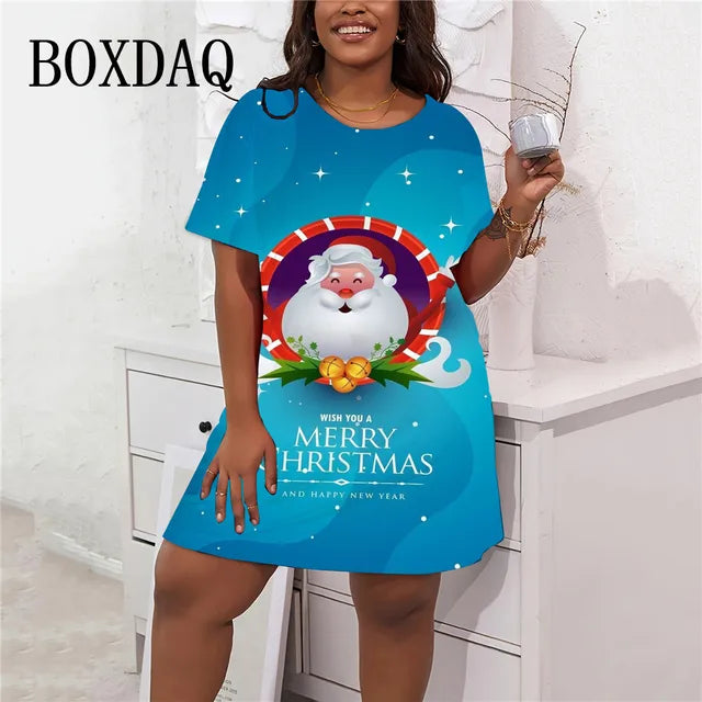 2024 Women Christmas Party Mini Dress Cartoon Santa Claus Print Loose Casual Short Sleeve Winter Fashion Plus Size Vestidos 