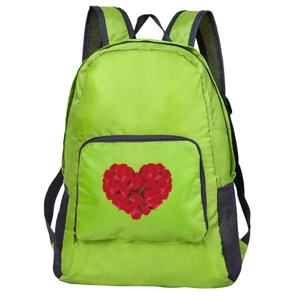 Outdoor Travel Lightweight Portable Foldable Backpack Love Print Folding Green Bag Ultralight Pack for Women Men Hiking Daypack