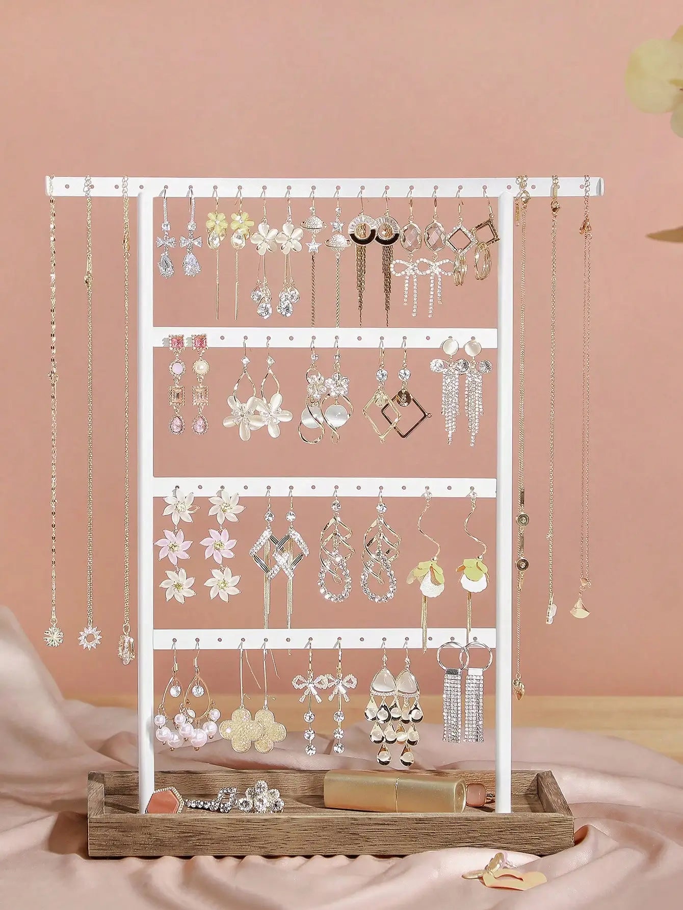 SONGMICS Jewelry Stand, 4-Tier Jewelry Holder Organizer With Tray, Wood Base, For Earrings And Studs, Vintage