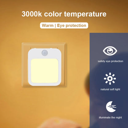 Luz nocturna con sensor de movimiento y luz LED, enchufe europeo, luz nocturna inalámbrica para niños, mesita de noche y dormitorio.
