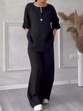 Cotton Linen Sets Two 2 Pieces Sale Casual Long Sleeve Button Loose Blouse Shirt & High Elastic Wide Leg Loose Pant Suits NMD-3021