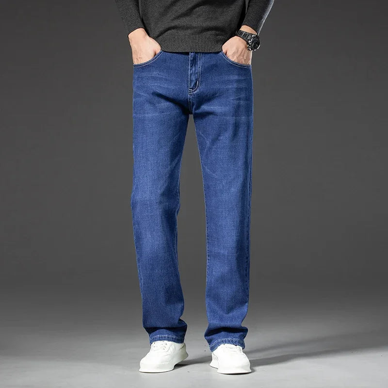 2025 Spring Autumn Men's Straight Jeans Denim Pants Classic Style Business Stretch Casual Trousers Large Size 40 42 44 46