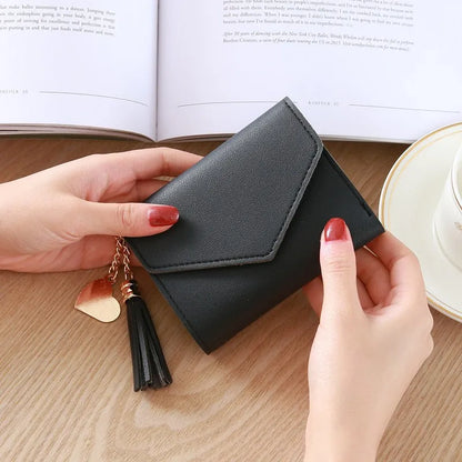 Carteras cortas de moda para mujer, de piel sintética, de lujo, con borlas, con broche, monedero pequeño, tarjetero