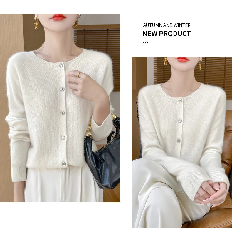 100% Merino Wool Long Sleeve Sweaters Cashmere Cardigan Spring Autumn Women O-Neck Knitwear Tops Clothing Fashion Basic Tops