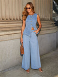 Streetwear Denim 2 Piece Sets Women Outfit Summer Clothes Women 2025 Sleeveless Vest Top Wide Leg Pants Sets Jeans Two Piece Set