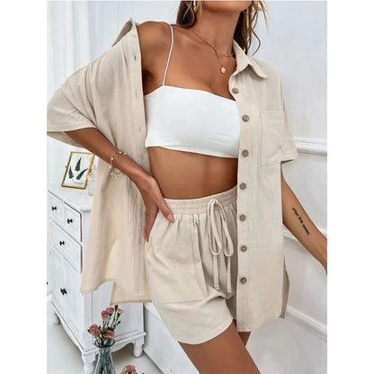 Solid Color Casual Loose Short Pants Sets For Women 2024 Elegant Summer Women's Two Pieces Suit Full Set Female Outfit Clothes