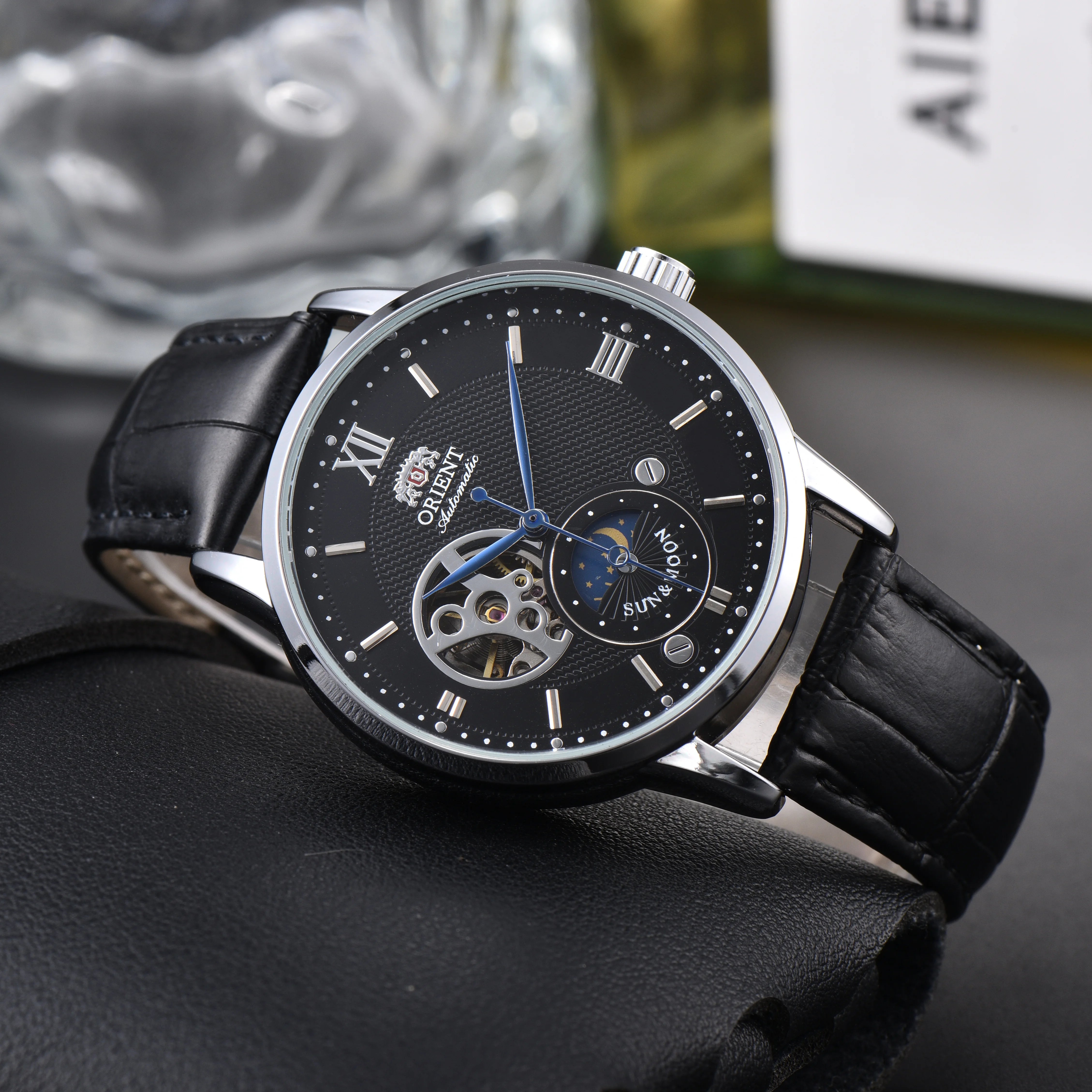 Orient Sun & Moon Semi Skeleton Automatic Watch Men's White Dial Black Leather Strap Sapphire Crystal 50M Water-Resistant Dress Watch