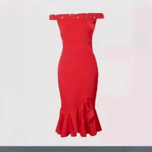 Plus Size 2024 New Amazon Off-Shoulder Dress Fashionable Women's Sexy Ruffle Edge Dress Plus Size Ladies Clothing