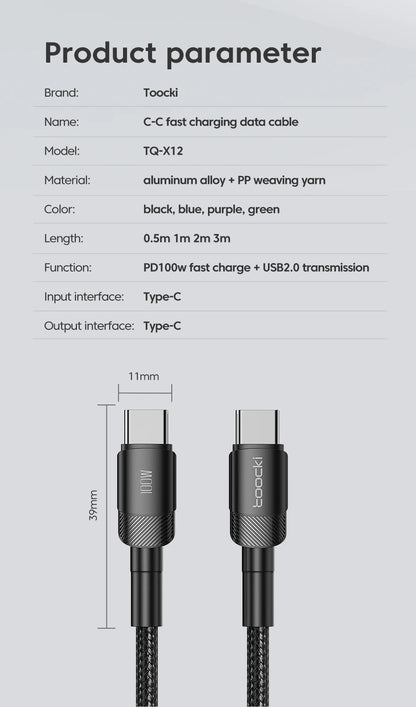 Cable Toocki de 100 W tipo C a USB C PD 3.0 de carga rápida 4.0 de tipo C a tipo C para iPhone 15, MacBook, Samsung y Xiaomi