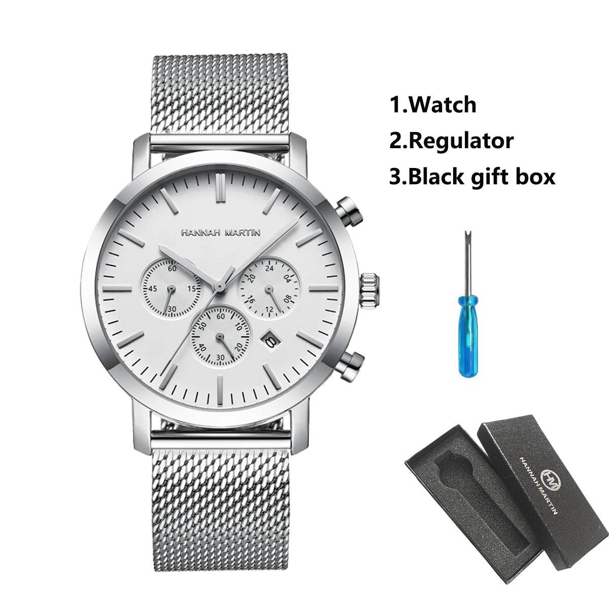 HANNAH MARTIN Brand Men Watch Black Stainless Steel Waterproof Fashion Sports Multifunctional Quartz Wristatch Relogio Masculino