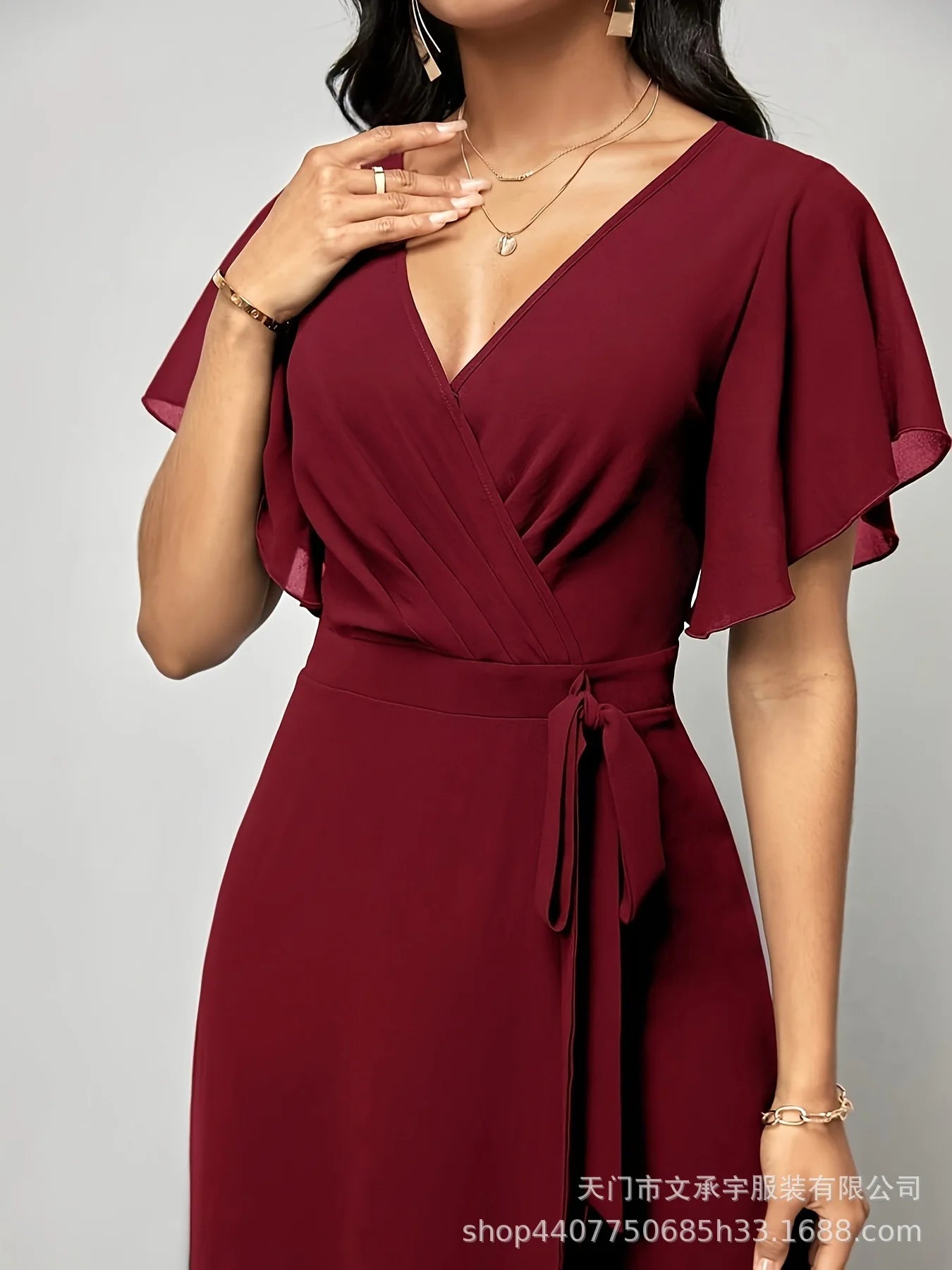 Women's New Solid V Neck Flutter Sleeve Tie Waist Split Wide Leg Jumpsuit Elegant Slimming Versatile Party Daily Casual Jumpsuit