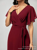 Women's New Solid V Neck Flutter Sleeve Tie Waist Split Wide Leg Jumpsuit Elegant Slimming Versatile Party Daily Casual Jumpsuit