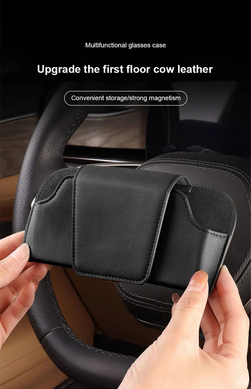 SEAMETAL Cowhide Sun Visor Glasses Holder Premium Leather Wear-Resistant Sunglasses Protective Box Auto Eyeglasses Storage Case