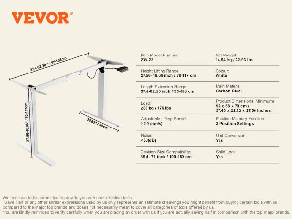 VEVOR-Adjustable Electric Stand Up Computer Desk Legs, Standing Desk Frame, Ergonomic for Home Office, Frame Only, 70-117cm Height 