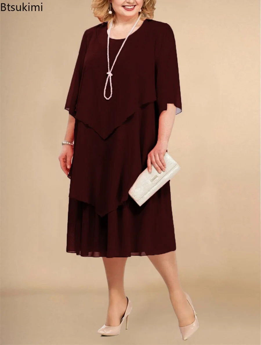 Plus Size Elegant Chiffon Dress Women's Irregular Layered Hem Flowy Midi Dress Fashion Party Wedding Guest Summer O-neck Dresses