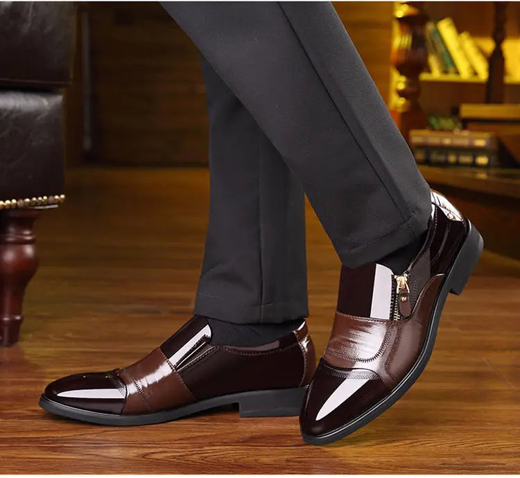 2025Men's Leather Shoes Sharp Pointed Outdoor Anti Slip Flat Fashion Business Zipper Footwear Casual Comfort Male Shoes