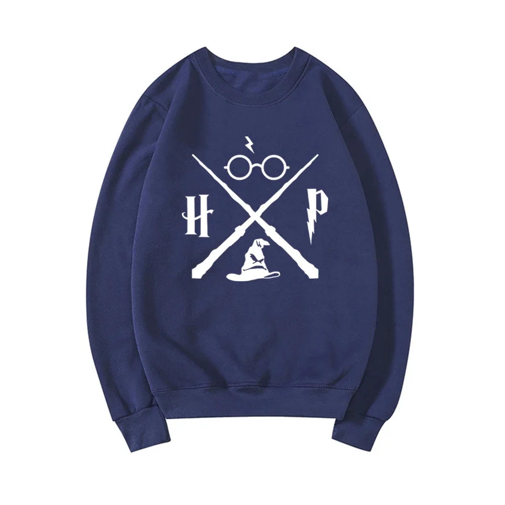 Sudadera con sombrero de mago, sudadera con varita de mago, jerséis HP, sudaderas con capucha gráficas unisex de manga larga, sudaderas de escuela de magia, ropa de calle, top