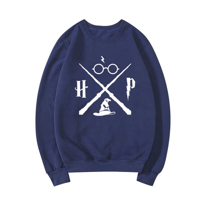 Sudadera con sombrero de mago, sudadera con varita de mago, jerséis HP, sudaderas con capucha gráficas unisex de manga larga, sudaderas de escuela de magia, ropa de calle, top
