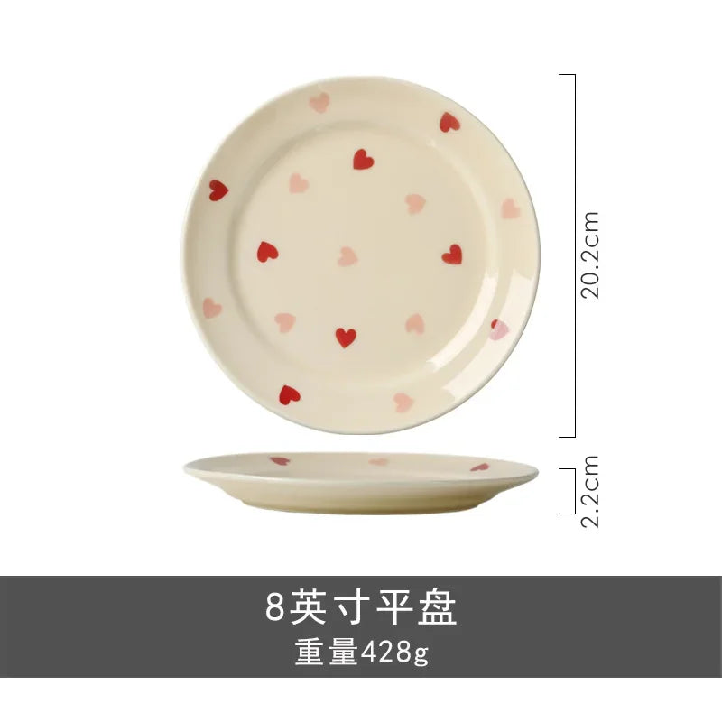 Heart-shaped Ceramic Dinnerware Set, Dinner Plate, Rice Salad Bowl, Coffee Mug, Japanese Love, Warm Gift for Valentine day