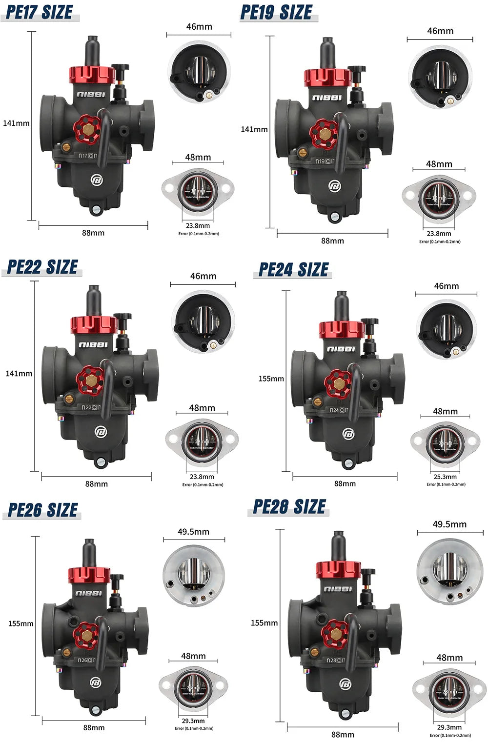 NIBBI PE19mm/PE22mm/PE24mm/PE26mm/PE28mm Flange Carburetor for Motorcycle 2T 4T GY6 Engine 100cc-250ccATV Yamaha Racing Pitbike