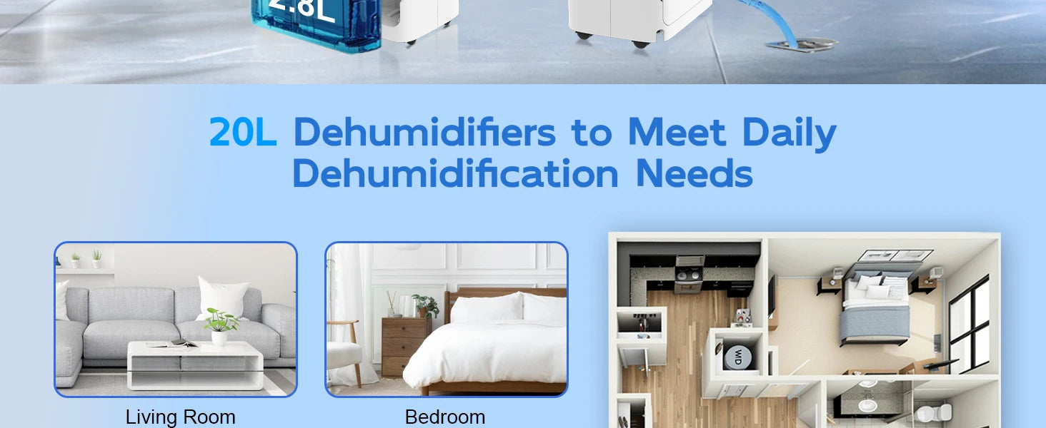 Dehumidifier 20 L, Dehumidifier Cellar Rooms with Digital Display, 24H Timer, Automatic Defrosting, Dry Clothes, Continuous Drai