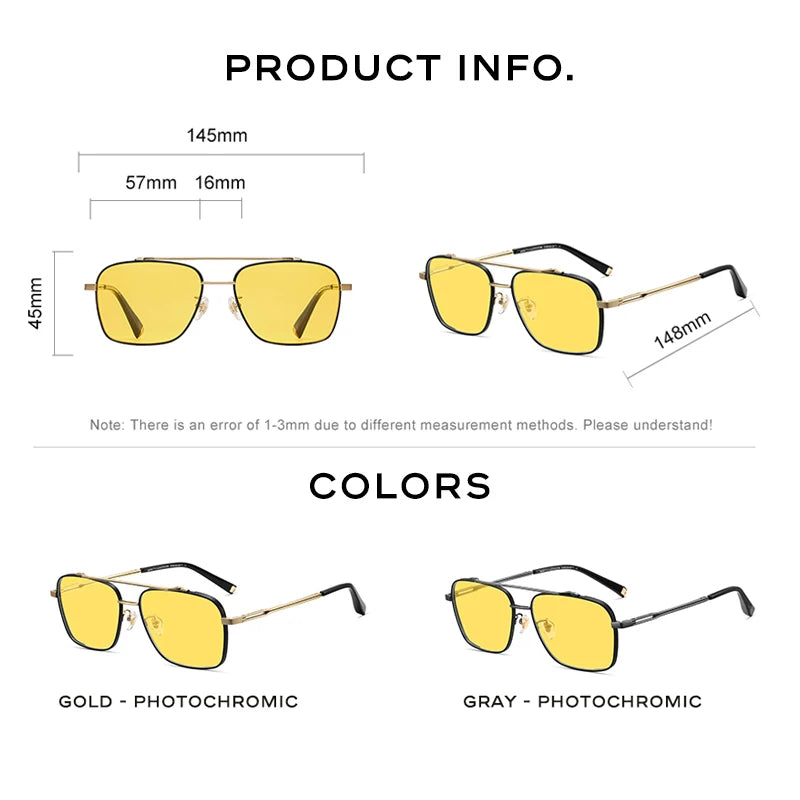 CAPONI Night Vision Men's Sunglasses Car Driving Square Pure Titanium Shades Polarized Photochromic UV400 Sun Glasses BSYS21028