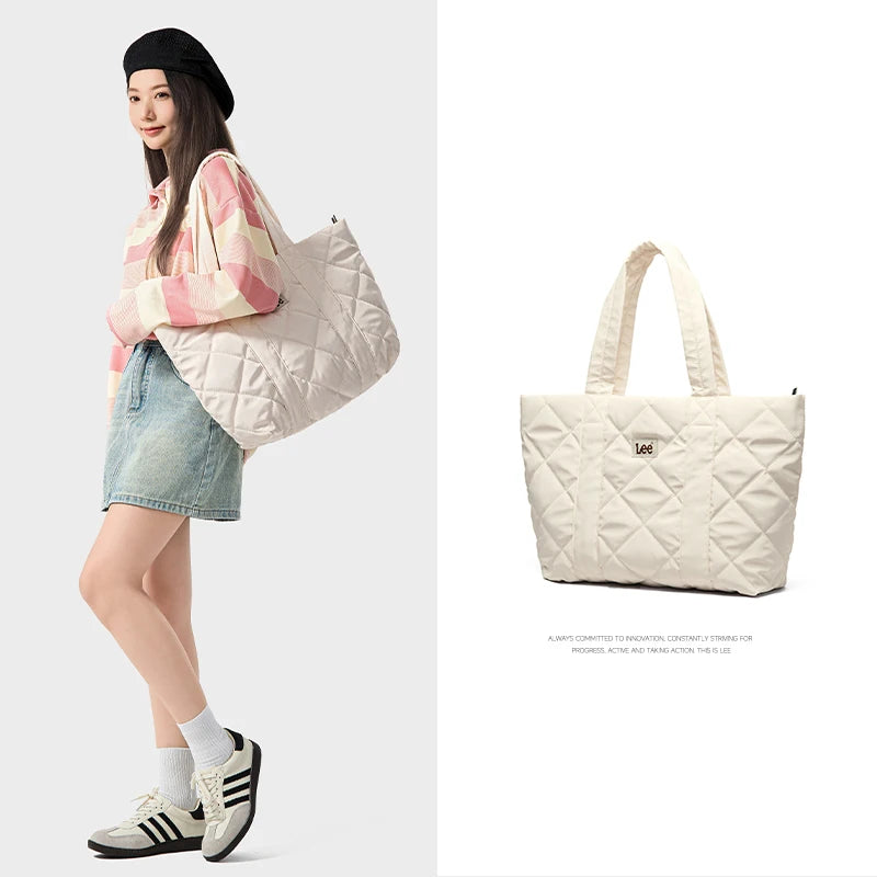 LEE Large Soft Puffer Bag Women Big Size College Students Laptop Book Quilted Tote Bag Lady Down-filled Shopping School Bags