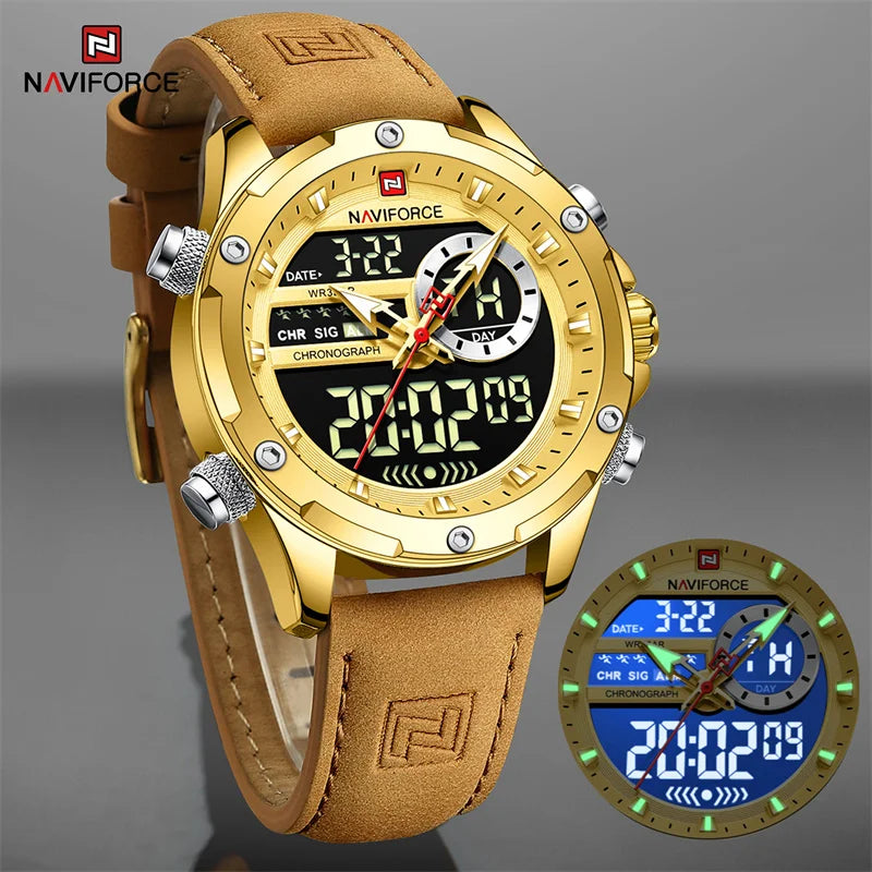 NAVIFORCE Luxury Original Watches For Men Casual Sport Chronograph Alarm Quartz WristWatch Leather Waterproof Digital Clock 9163